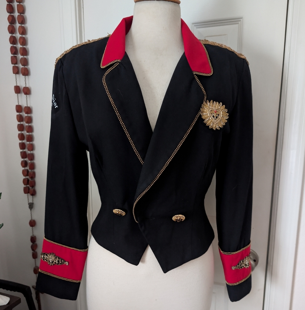 Repurposed Black Blazer with Red and Gold Details and Vintage EmbellishedAccents